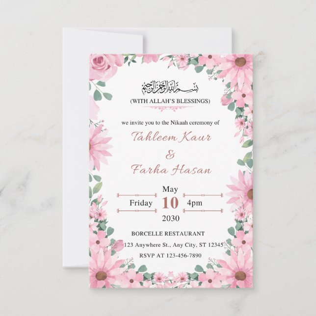 Elegant floral islamisk Nikkah bröllopsinbjudan  Kort (Framsida)