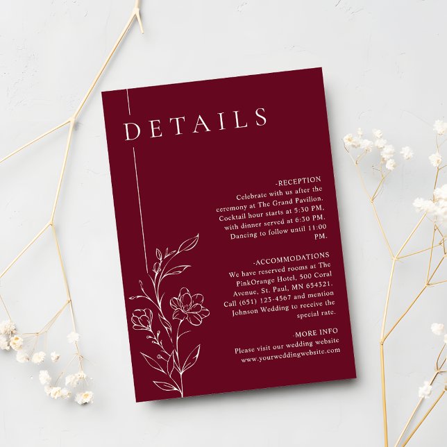 Elegant Floral Line Art Burgundy Wedding Details Tilläggskort (Skapare uppladdad)