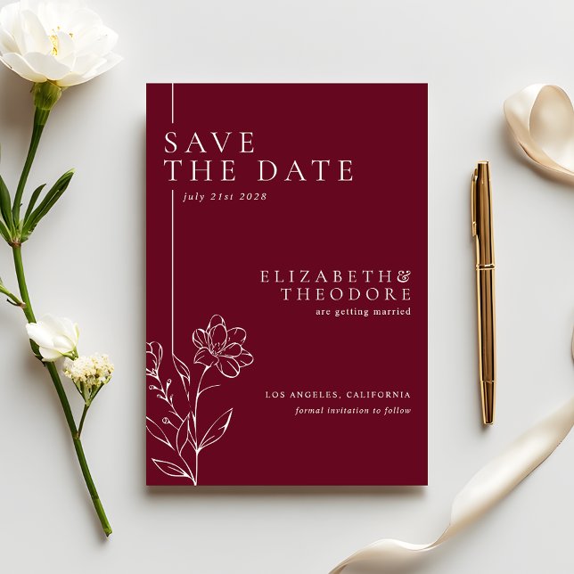 Elegant Floral Line Art Burgundy Wedding Spara Datumet (Skapare uppladdad)