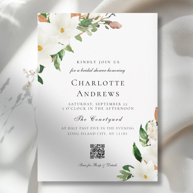 Elegant  Floral Magnolia QR Code Bridal Shower Inbjudningar (Elegant Floral Magnolia QR Code Bridal Shower Invitation)