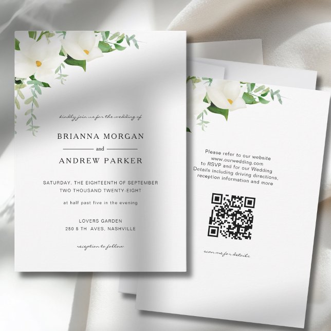 Elegant  Floral Magnolia Wedding QR Code Inbjudningar (Elegant Floral Magnolia Wedding QR Code Invitation)