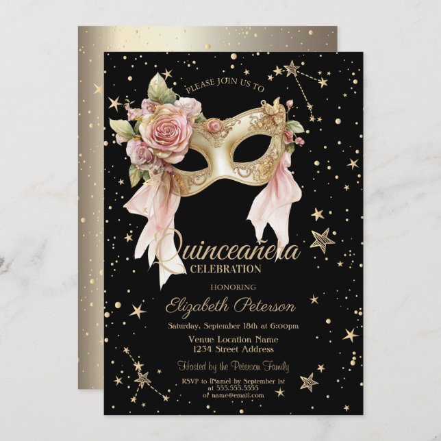 Elegant Floral Masque Stars Black Gold Quinceañera Inbjudningar (Fram/baksida)