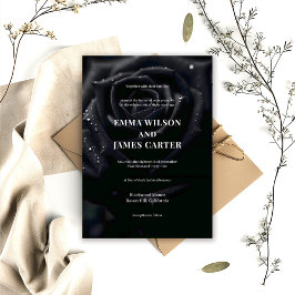 Elegant Floral Midnight Rose Black & White Wedding Inbjudningar