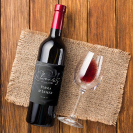 Elegant Floral Midnight Rose Black & White Wedding Vinflaska Etikett