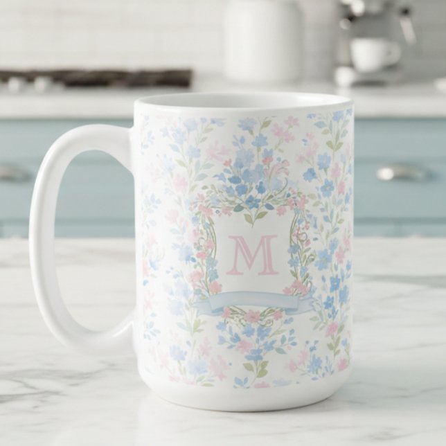 Elegant Floral Monogram Personalized Mug Kaffemugg (elegant preppy girly floral grandmillennial family crest monogram personalized mug)