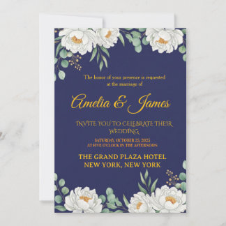 Elegant Floral Navy Blue Wedding Invitation Inbjudningar