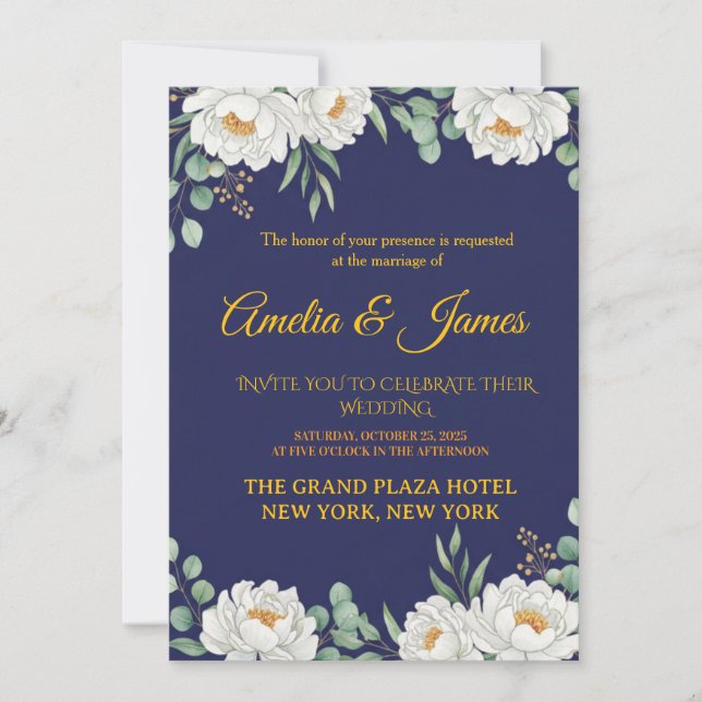 Elegant Floral Navy Blue Wedding Invitation Inbjudningar (Framsida)