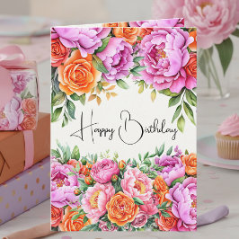 Elegant Floral Orange Pink Peonies Happy Birthday Kort