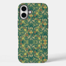 Elegant Floral Pattern in Yellow and Red on Green