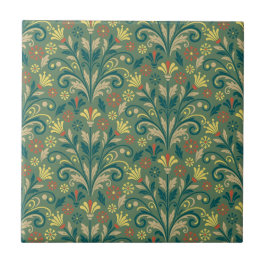 Elegant Floral Pattern in Yellow and Red on Green Kakelplatta