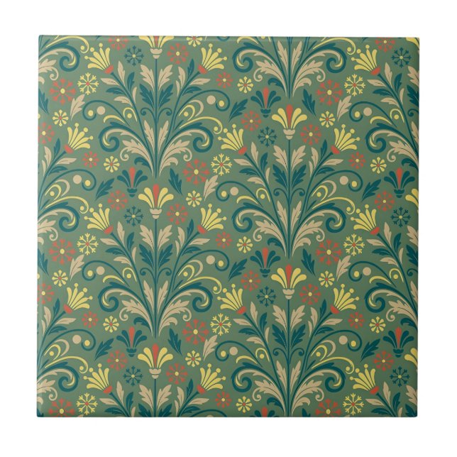 Elegant Floral Pattern in Yellow and Red on Green Kakelplatta (Framsidan)