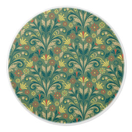 Elegant Floral Pattern in Yellow and Red on Green Knopp