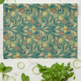 Elegant Floral Pattern in Yellow and Red on Green Kökshandduk