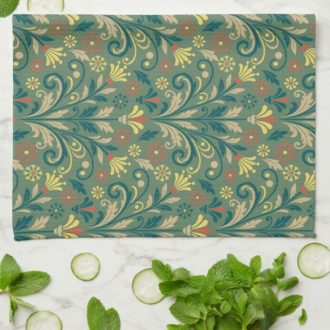 Elegant Floral Pattern in Yellow and Red on Green Kökshandduk (Vikta)