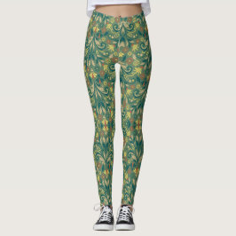 Elegant Floral Pattern in Yellow and Red on Green Leggings