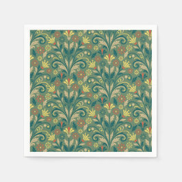 Elegant Floral Pattern in Yellow and Red on Green Pappersservett