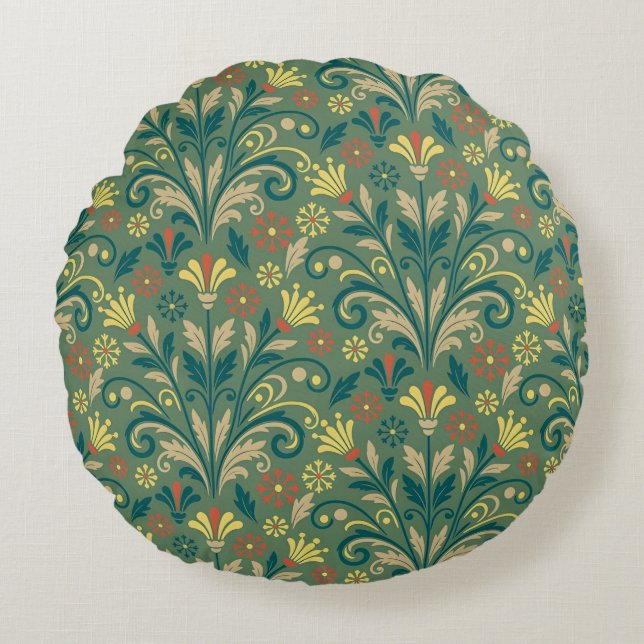 Elegant Floral Pattern in Yellow and Red on Green Rund Kudde (Framsidan)