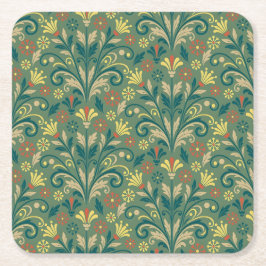 Elegant Floral Pattern in Yellow and Red on Green Underlägg Papper Kvadrat