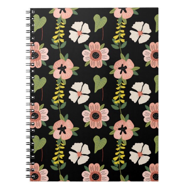 Elegant Floral Pattern on Black | Chic Botanical  Anteckningsbok (Framsidan)