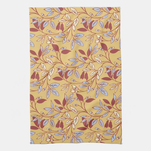Elegant Floral Pattern with Red and Blue Leaves Kökshandduk (Vertikal)