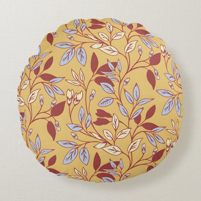 Elegant Floral Pattern with Red and Blue Leaves Rund Kudde (Framsidan)