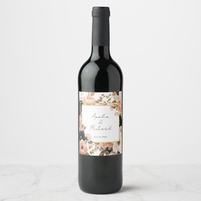 Elegant Floral Personalized Wedding Bottle Labels Vinflaska Etikett (Framsida)