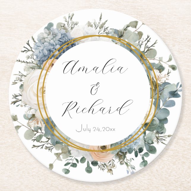Elegant Floral Personalized Wedding Coasters Underlägg Papper Rund (Framsidan)