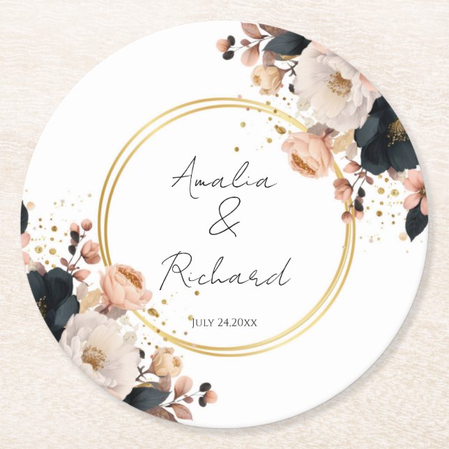 Elegant Floral Personalized Wedding Coasters Underlägg Papper Rund (Framsidan)