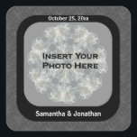 Elegant Floral Personalized Wedding Photo  Fyrkantigt Klistermärke<br><div class="desc">Elegant silver gray and black floral design save the date, wedding announcement, favor sticker. Fill in your information in the template. Click on Change and upload your photo. Make more changes to text and font size, style, and color, and adjust your picture by clicking on Customize. This image is available...</div>