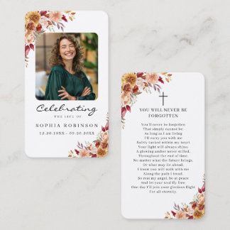 Elegant Floral Photo Funeral Memorial Prayer Card Visitkort