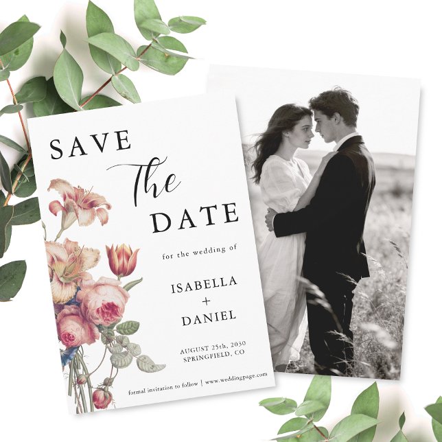 Elegant Floral Photo Wedding Save The Date Spara Datumet (The front and back of the invitation shown in a 5x7-inch size. Choose size, paper, and corner style.)