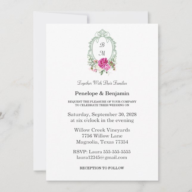Elegant Floral Pink Peony Monogram Wedding Inbjudningar (Framsida)