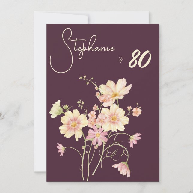 Elegant Floral Plum Blush 80th Birthday Inbjudningar (Framsida)