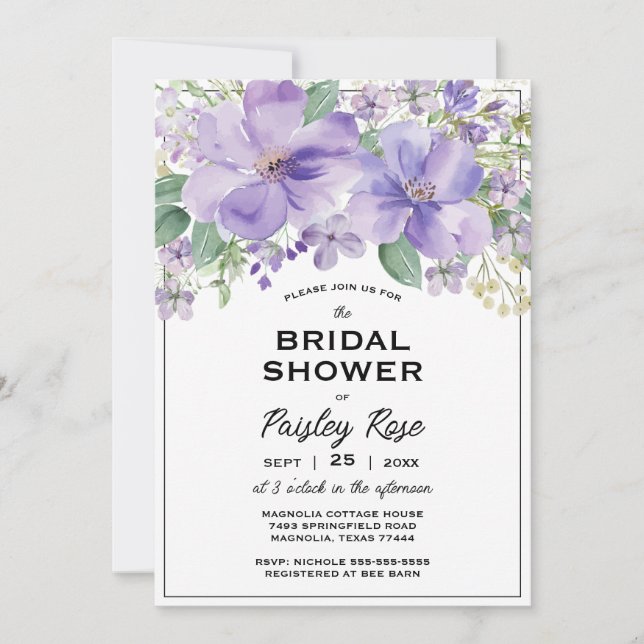 Elegant Floral Purple Bridal Shower Inbjudningar (Framsida)