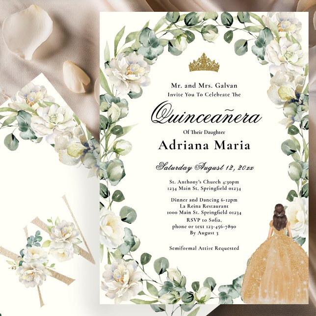 Elegant Floral Quinceanera Invitation Gold Dress Inbjudningar (Skapare uppladdad)