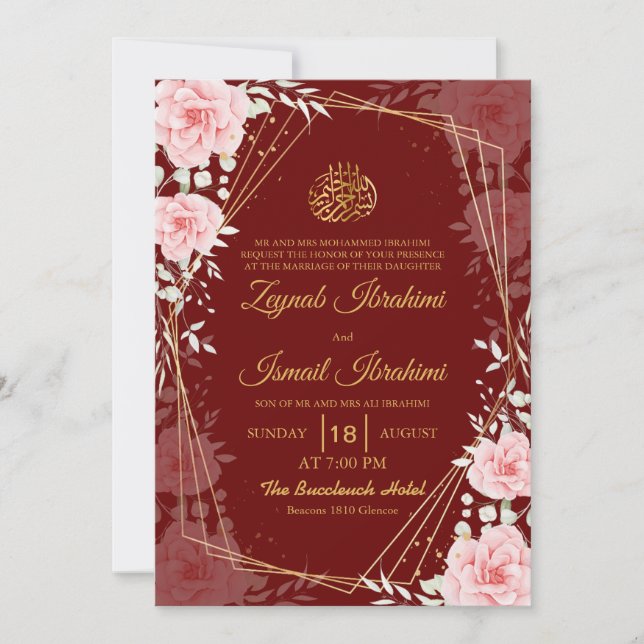Elegant Floral Red Gold Islamic Muslim Wedding Inbjudningar (Framsida)
