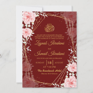 Elegant Floral Red Gold Islamic Muslim Wedding Inbjudningar