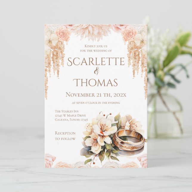 Elegant Floral Rings Wedding Invitation Inbjudningar (Stående Fram)