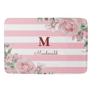 Elegant Floral Rose Striped Monogram Badrumsmatta