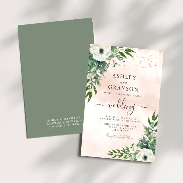 Elegant Floral Sage Green Blush Wedding Inbjudningar (Skapare uppladdad)