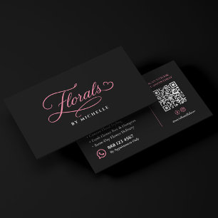 Elegant Floral Script Svart Rosa Blomsterhandlare Visitkort