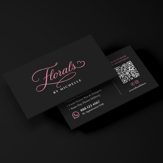 Elegant Floral Script Svart Rosa Blomsterhandlare  Visitkort (Elegant Florals Script Black Pink Florist Business Card
)