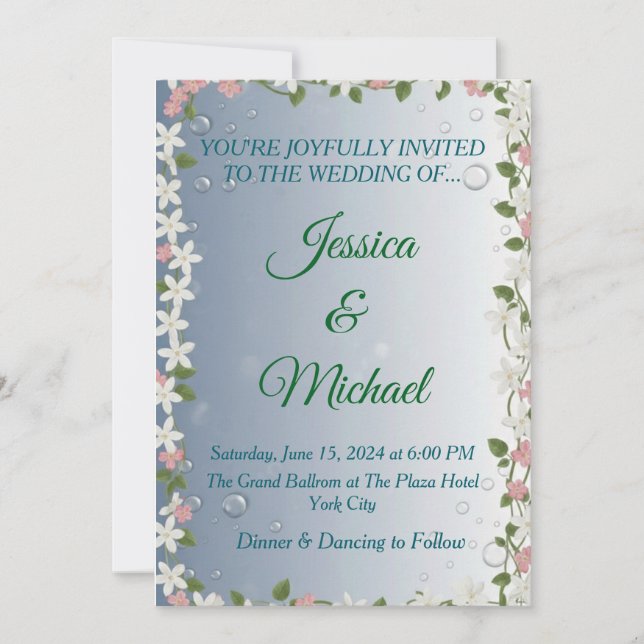 Elegant Floral Silver & Blue Wedding Invitation  Inbjudningar (Framsida)