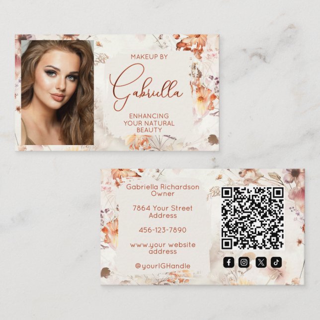 Elegant Floral Social Icon QR Code Photo Makeup Visitkort (Fram/baksida)