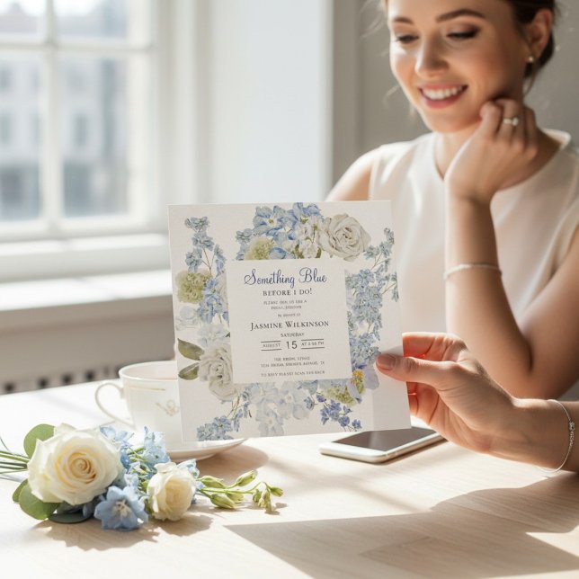 elegant Floral Something Blue Bridal shower QR  Inbjudningar (Skapare uppladdad)