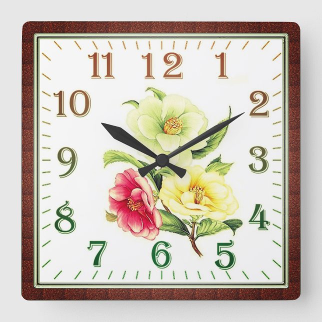 Elegant Floral Square Acrylic Wall Clock Fyrkantig Klocka (Framsida)