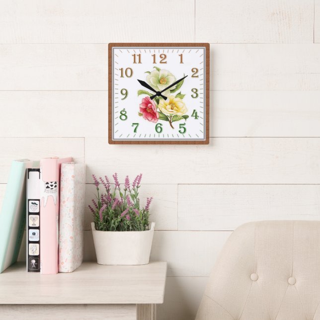 Elegant Floral Square Acrylic Wall Clock Fyrkantig Klocka (Läsesal)