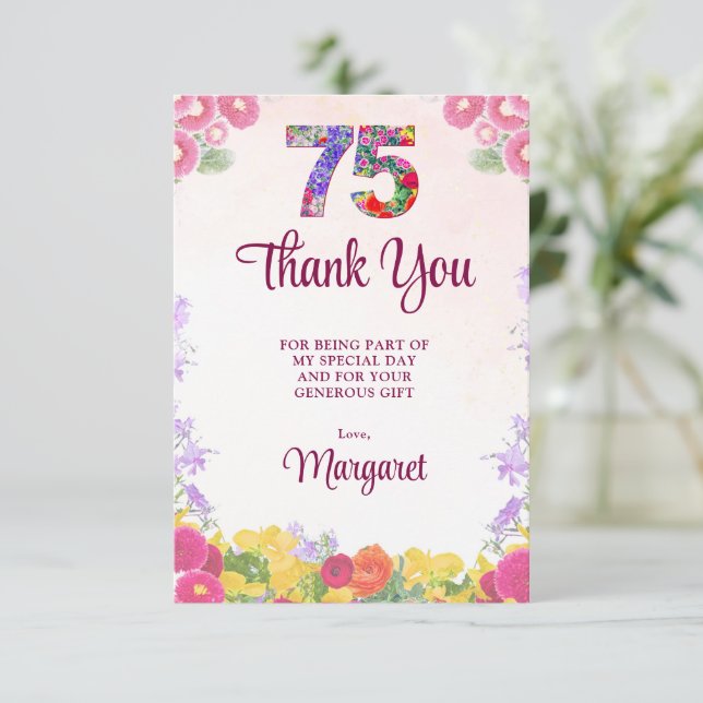 Elegant floral tack för 75-årsdag kort (Stående Fram)