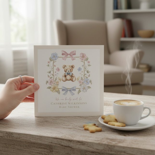Elegant Floral Teddy  pastel  baby shower QR code Inbjudningar (Skapare uppladdad)