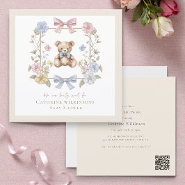 Elegant Floral Teddy pastel baby shower QR code Inbjudningar
